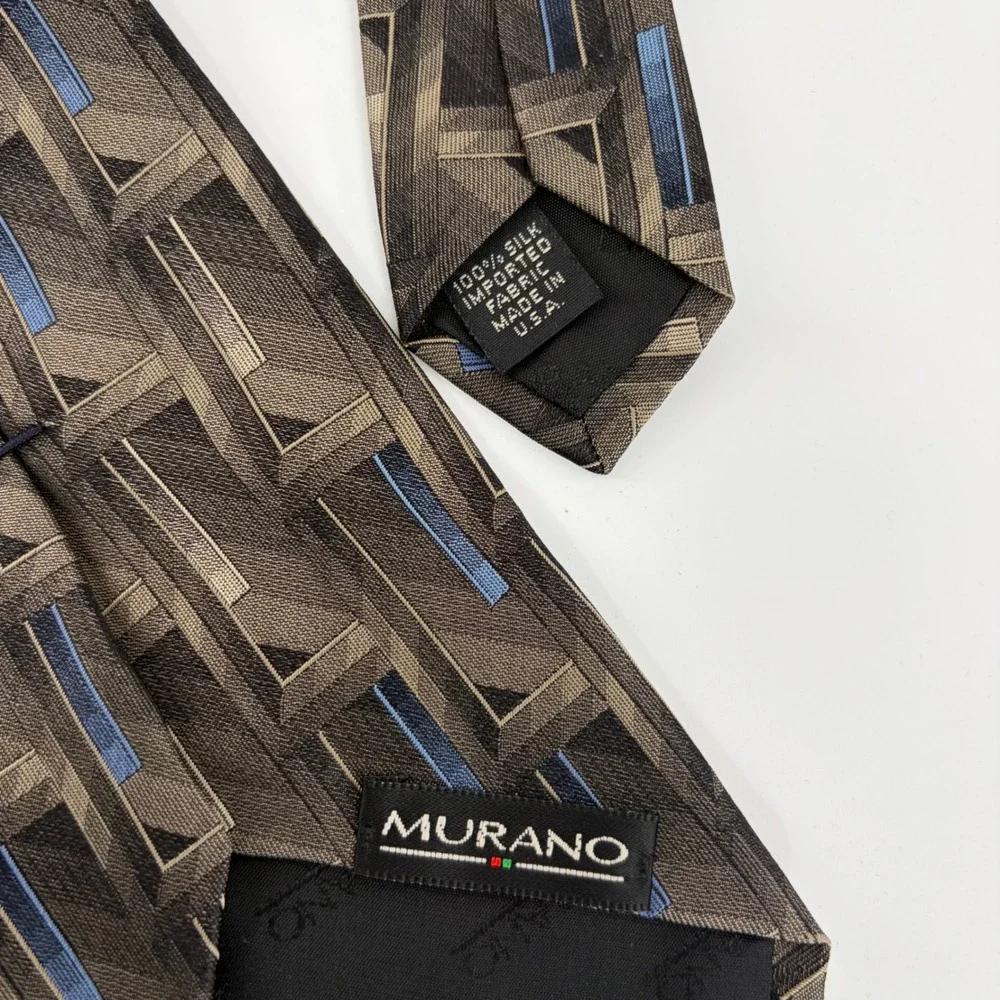 Murano Mens Silk Tie Brown Blue Geometric Abstract Architectural Made in USA